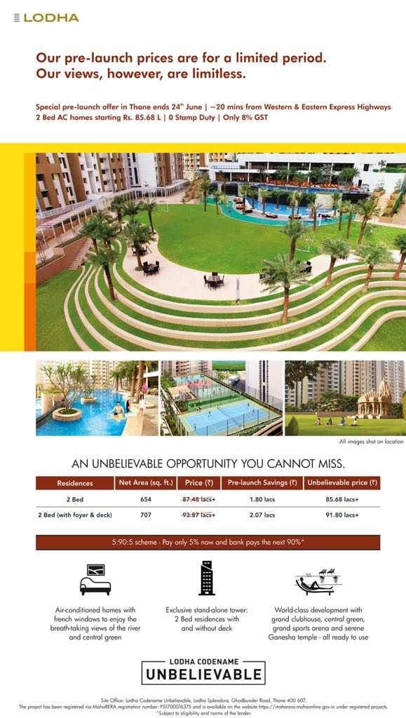 Book 2 bed AC homes starting @ Rs. 85.68 Lacs at Lodha Codename Unbelievable in Mumbai